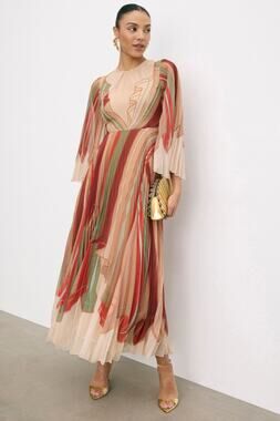 LA DOUBLEJ Red Tan Sound Bath V-Neck Long Flutter Sleeve Statement Gown size XS